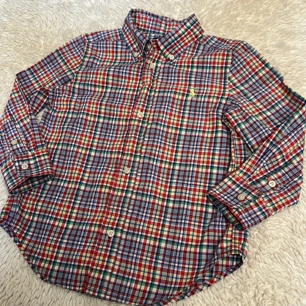 Ralph Lauren Polo Child's BoyLS Shirt Plaid Multi Color Gold Horse size 3T